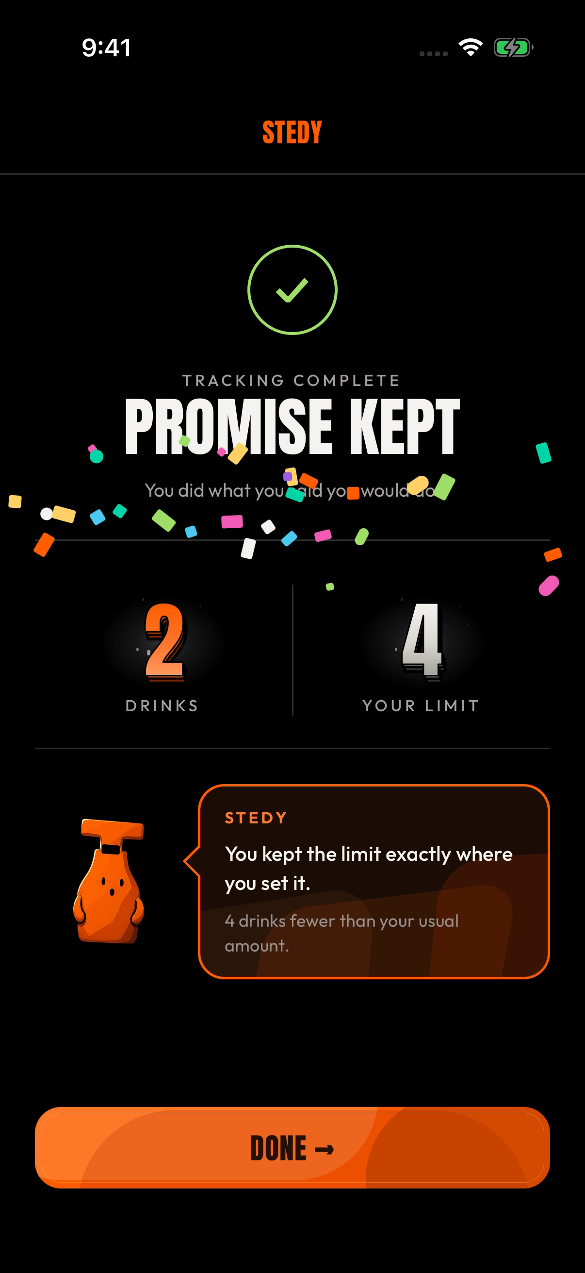 Real iPhone Promise Kept result with two drinks, a chosen limit of four, companion guidance and confetti.