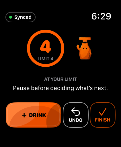 Real Apple Watch screen at the chosen limit, with guidance to pause before deciding what is next.