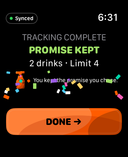 Real Apple Watch Promise Kept result with the same illustrative two-of-four outcome and confetti.